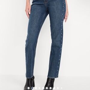 Extra High Waisted studded straight Blue Denim Jeans